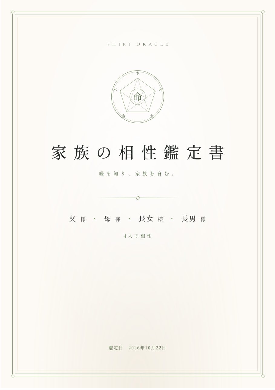 家族・チームの相性鑑定書の表紙の見本